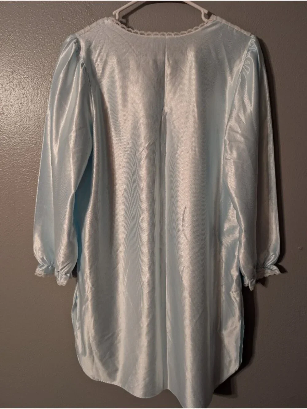 Vintage 80s Featherbed Blue Satin Nightgown Medium Lace Trim Pajama Dress Flawed